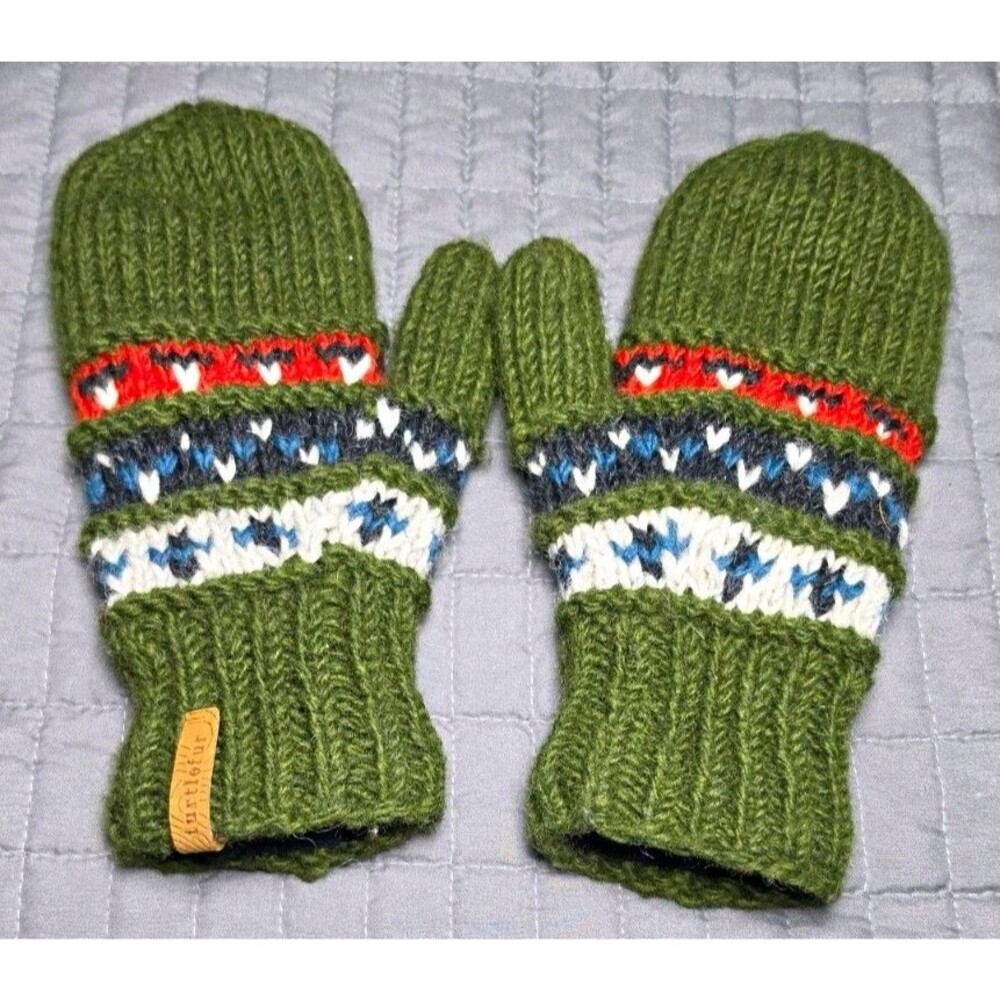 Turtle Fur Women Fair Isle Wool Mittens Lined Green Made in Nepal One Size